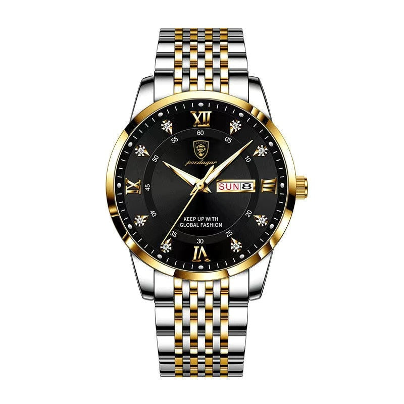 A imagem mostra o relógio da cor ouro e prata com visor preto.