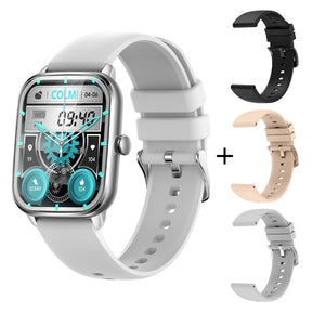 A imagem mostra o relógio inteligente da cor prata com três pulseiras de diferentes cores.