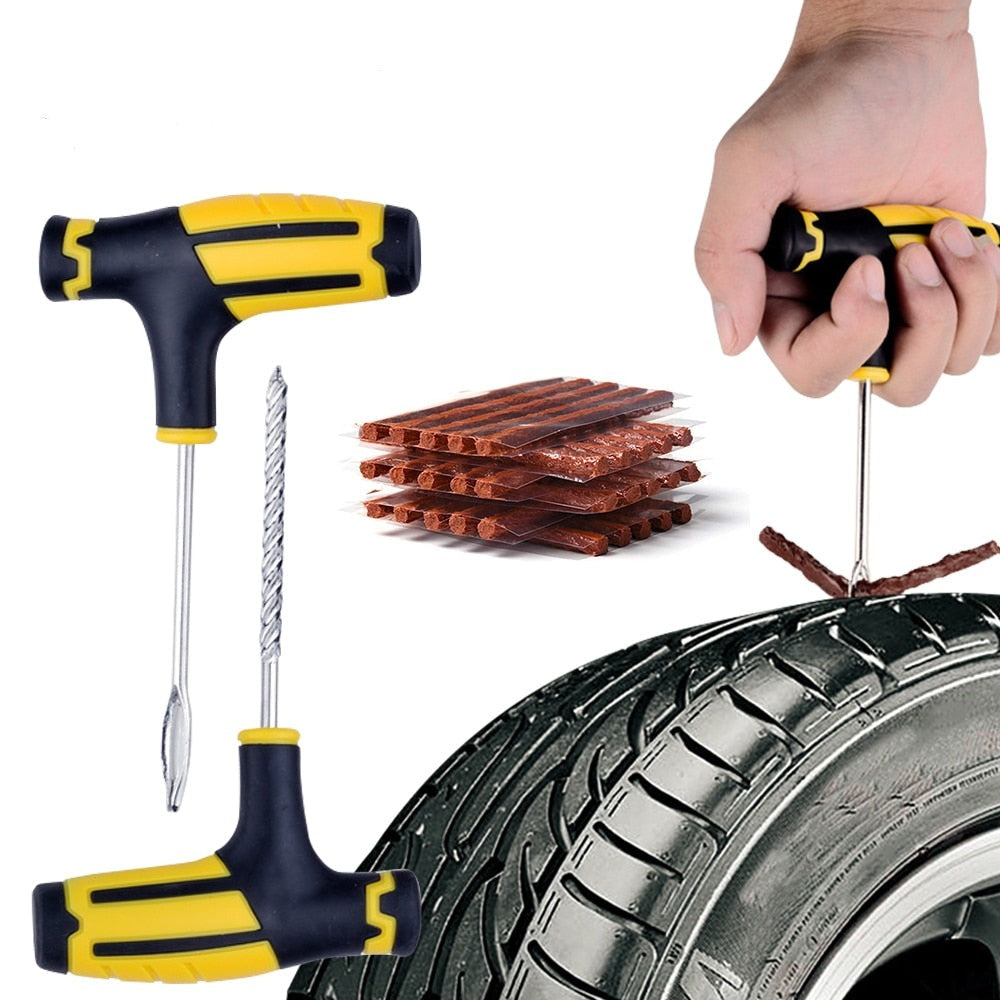 A imagem mostra o reparo de pneu e um homem reparando o furo de seu pneu.