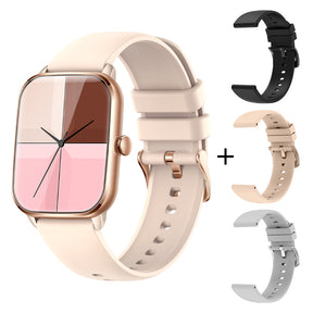 A imagem mostra o relógio inteligente da cor ouro rose com três pulseiras de diferentes cores.
