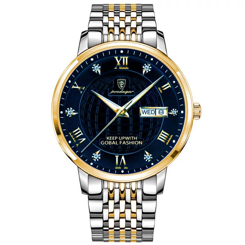 A imagem mostra o relógio da cor ouro e prata, do visor azul escuro.