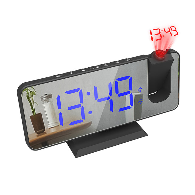 A imagem mostra o relógio inteligente de mesa na cor preto com display azul.