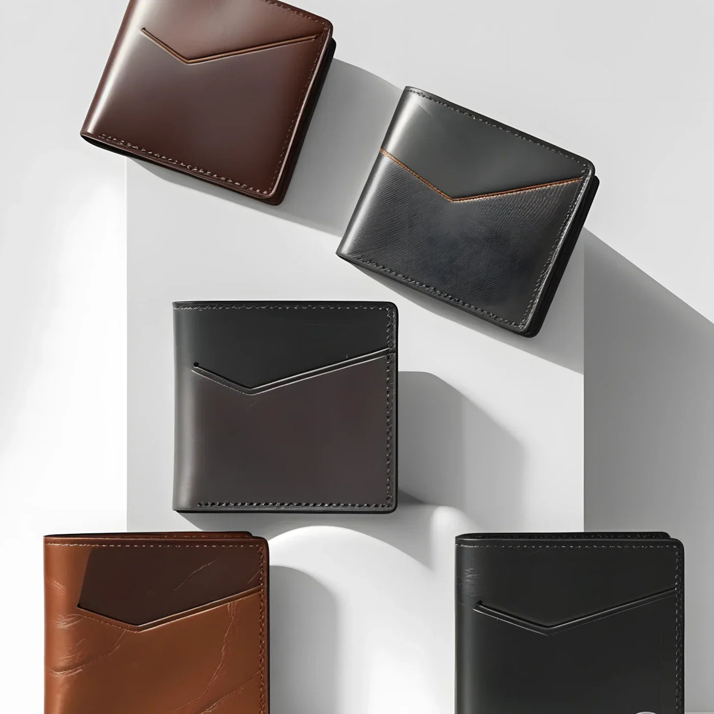Cinco carteiras masculinas bifold lado a lado.