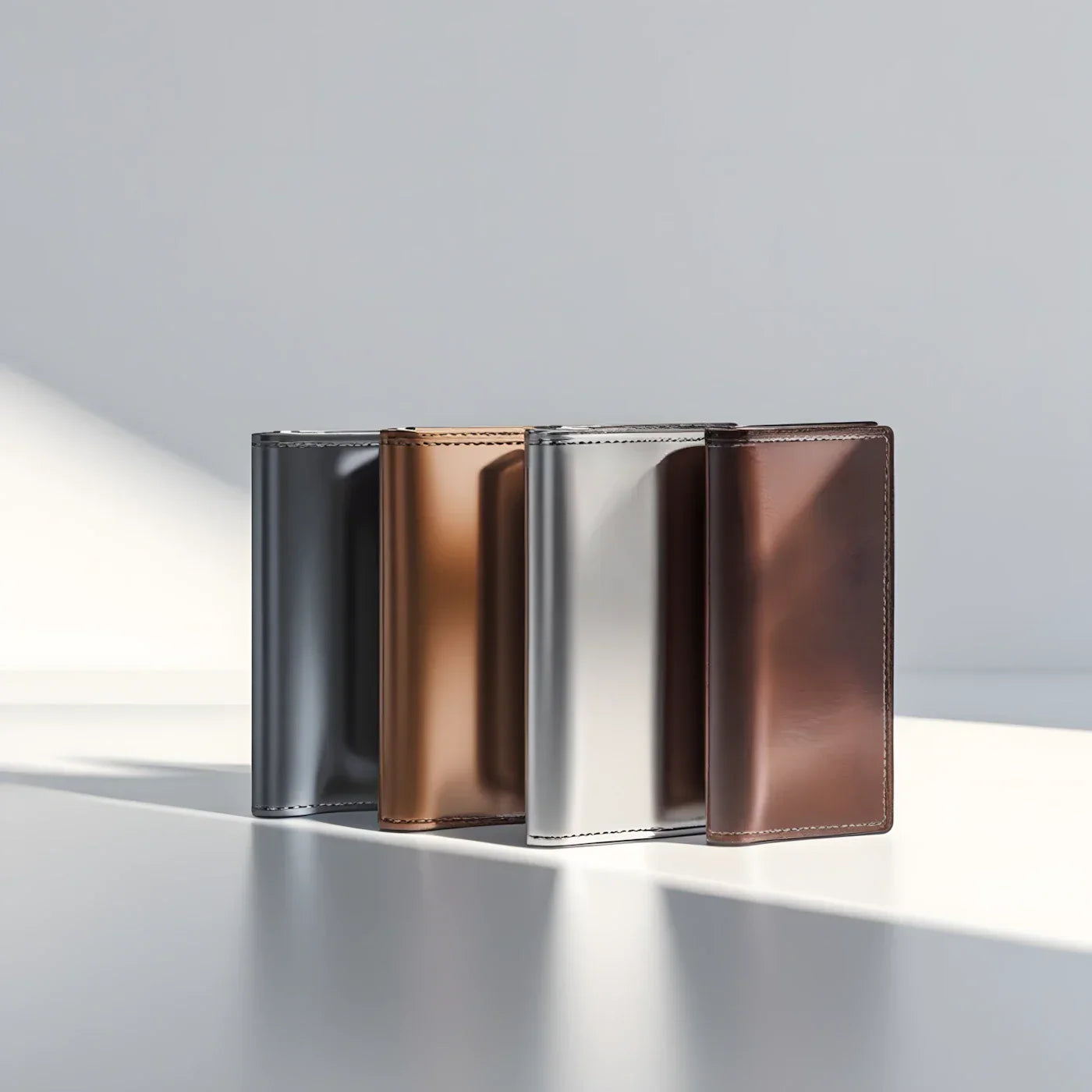 Quatro carteiras masculinas trifold uma ao lado da outra.