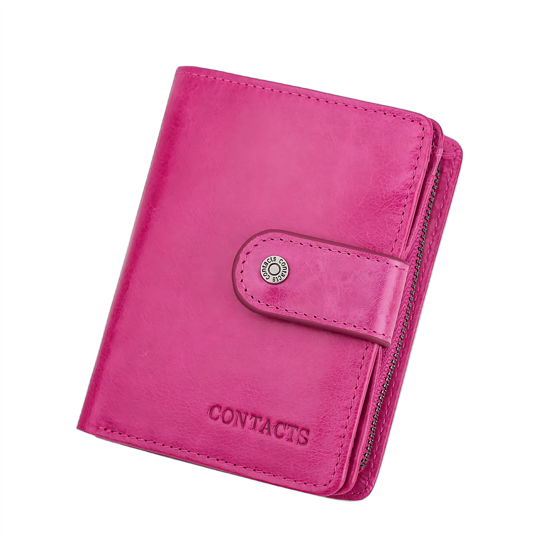 Carteira rosa com zíper e compartimentos para contatos e cartões.