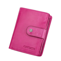 Carteira rosa com zíper e compartimentos para contatos e cartões.