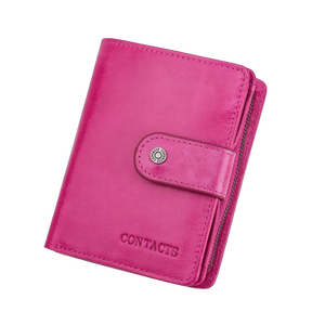 Carteira rosa com zíper e compartimentos para contatos e cartões.