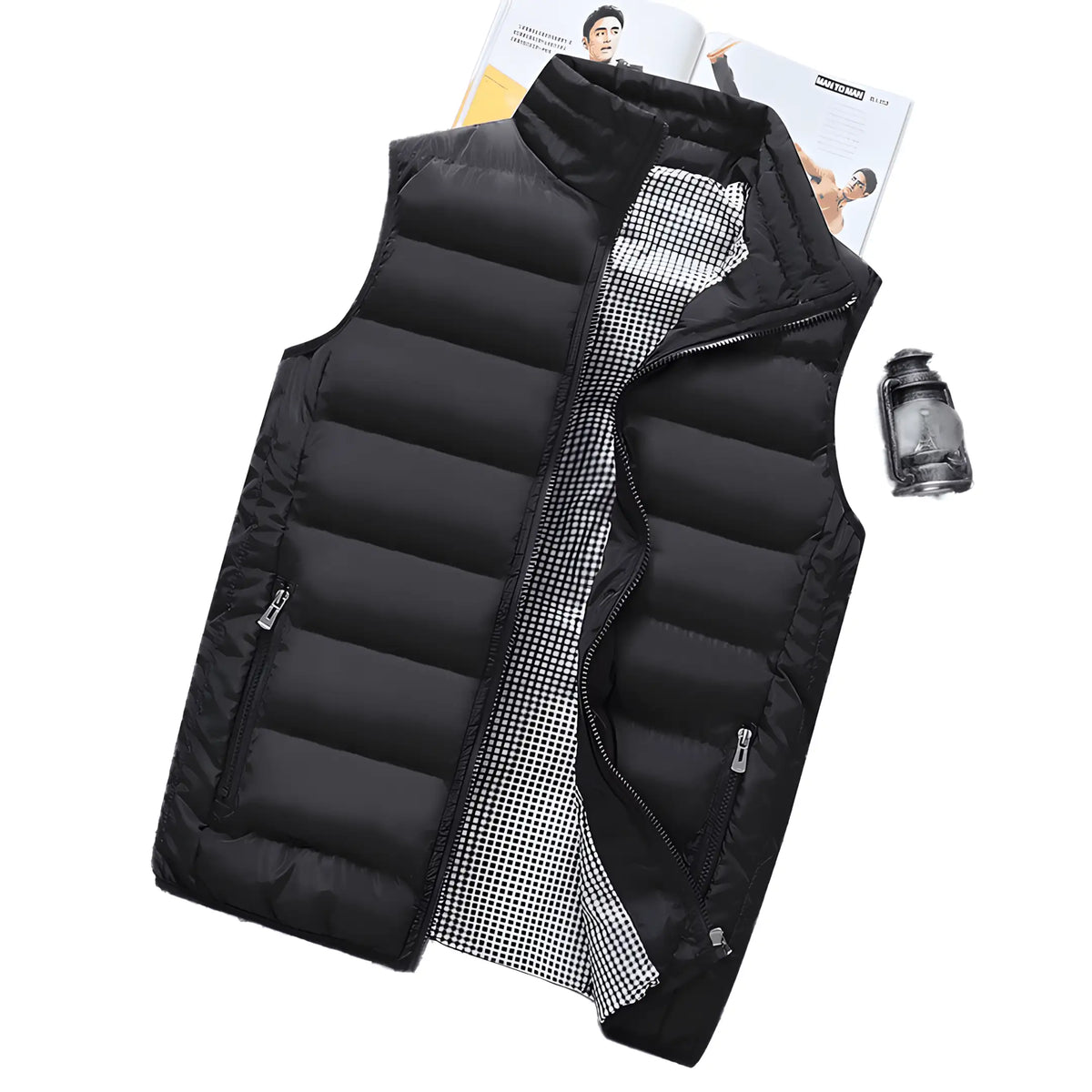 Colete Masculino Puffer na cor preta em um fundo branco.