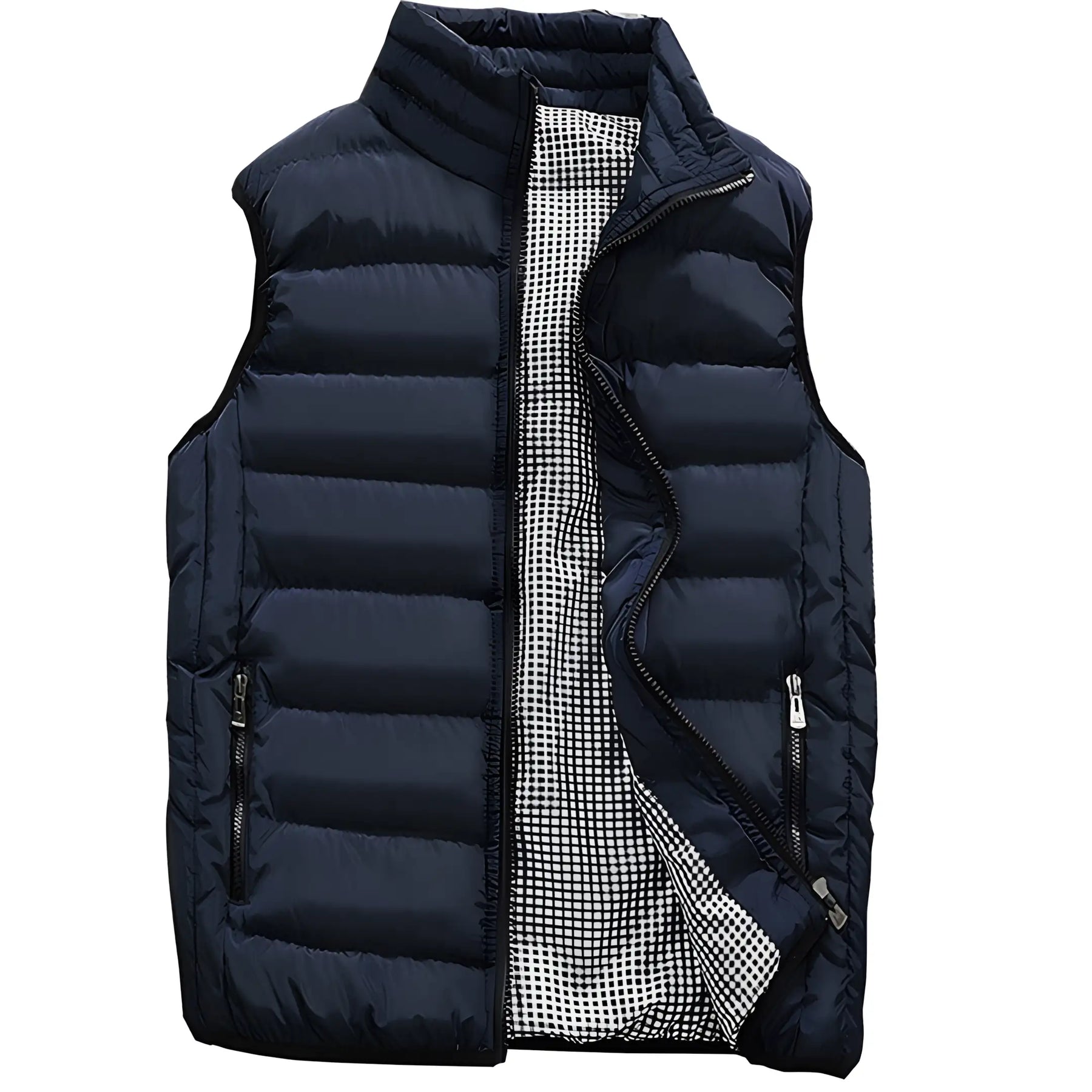 colete masculino puffer azul marinho em um fundo branco.