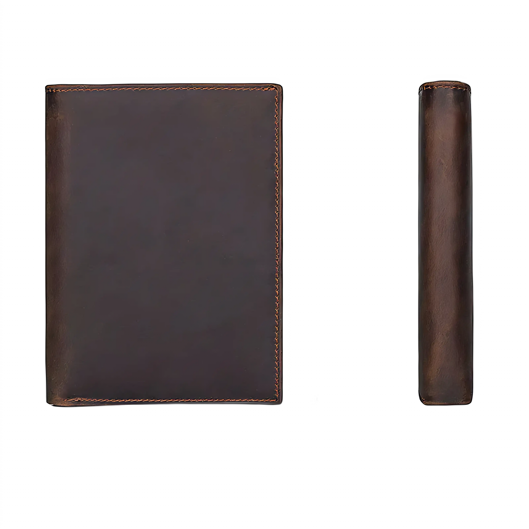 Caderno de couro marrom, dimensões 11x15,5cm, elegante e prático para anotações.