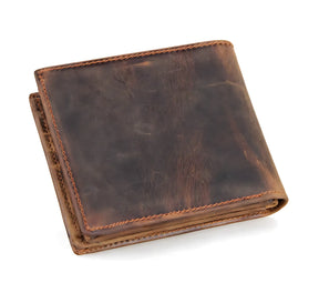 Carteira de couro marrom, estilo dobrável, ideal para homens.