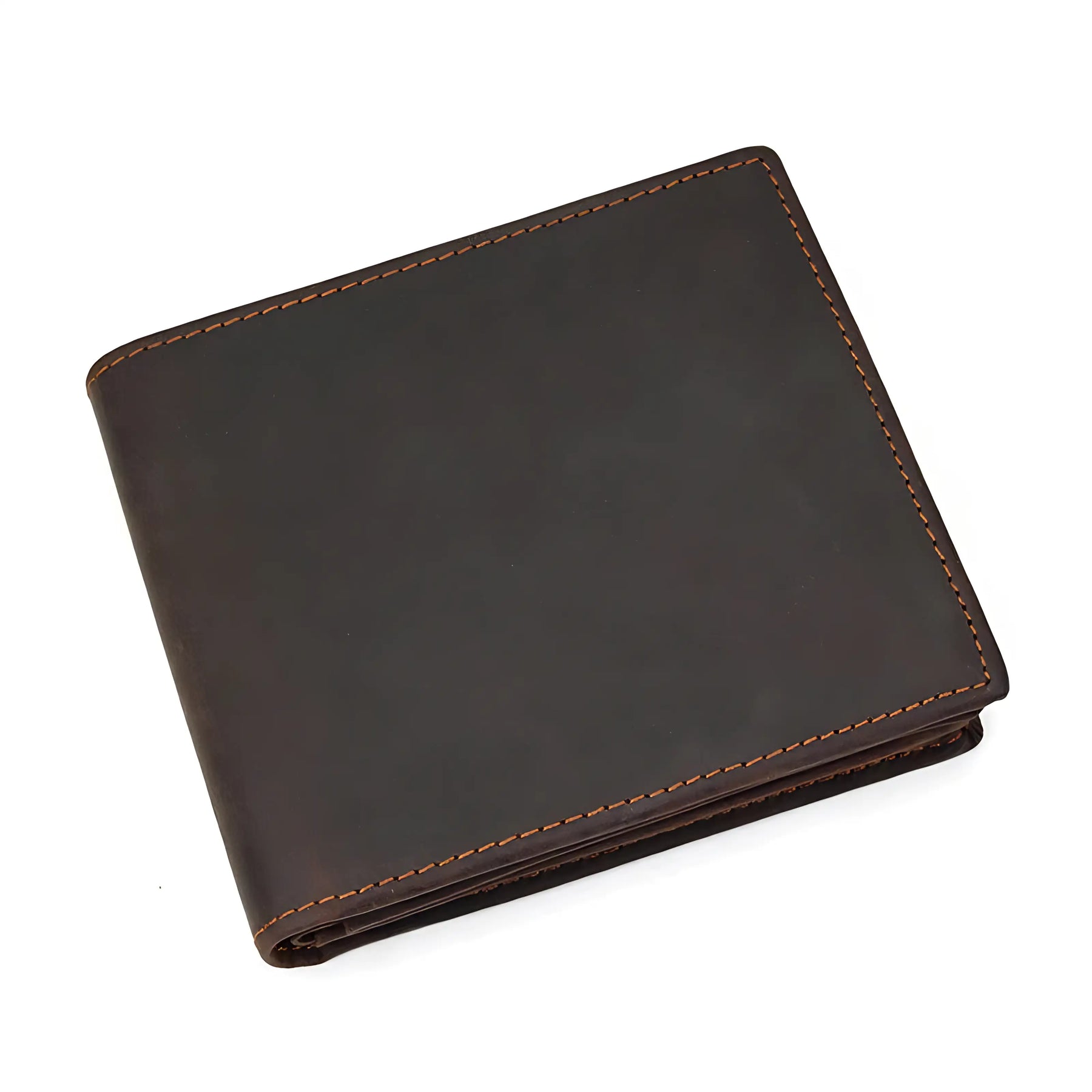 Carteira de couro marrom com costura laranja, ideal para homens com estilo.