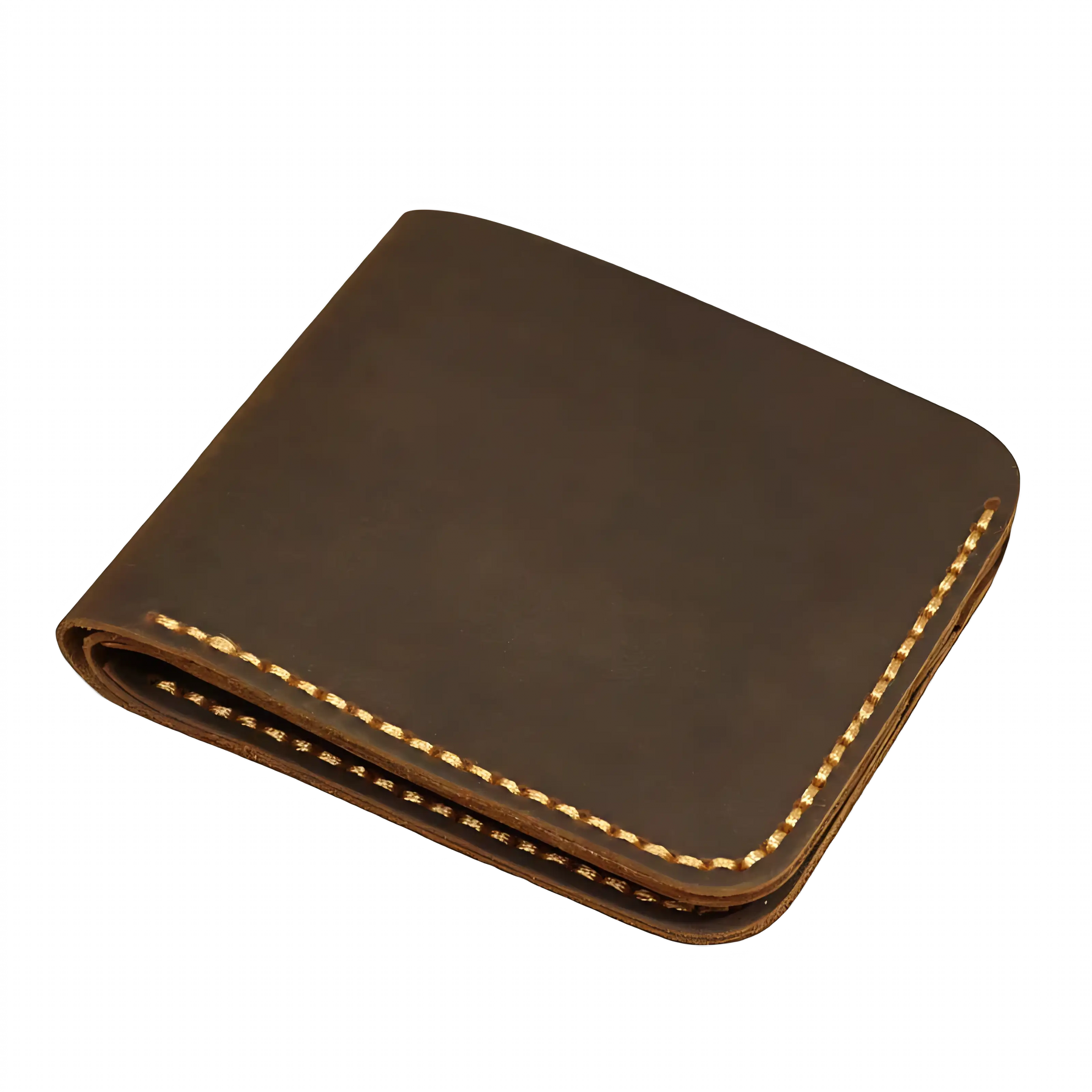Carteira masculina em couro marrom, costura destacada, estilo clássico e elegante.