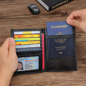 Carteira preta com cartões e passaporte, ideal para viagens e organização.
