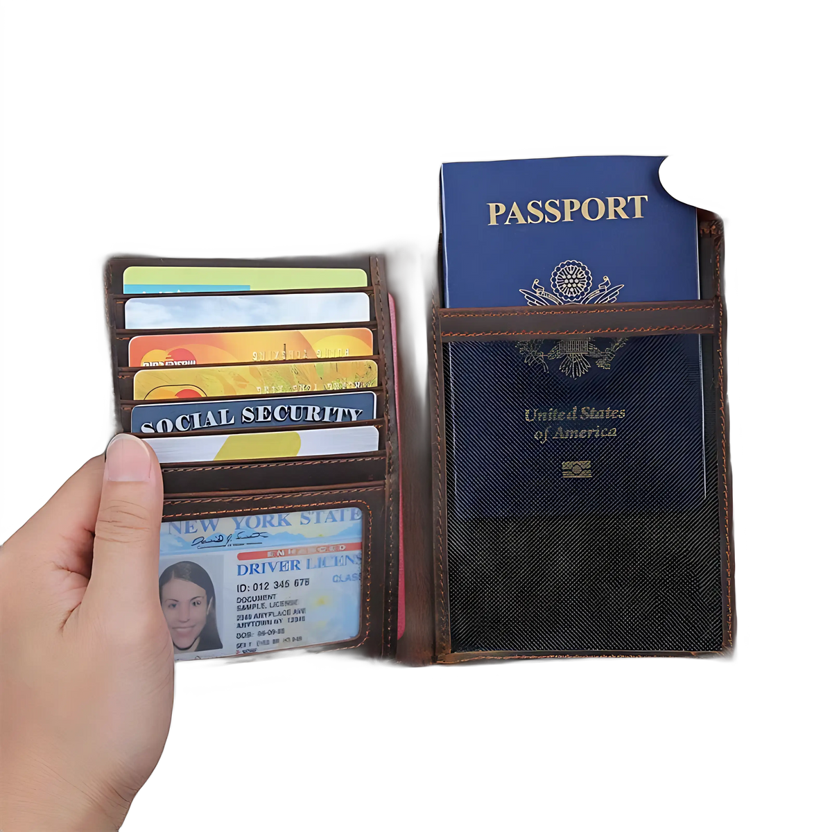 Porta-documentos em couro com passaporte e cartões, ideal para viagem e organização.