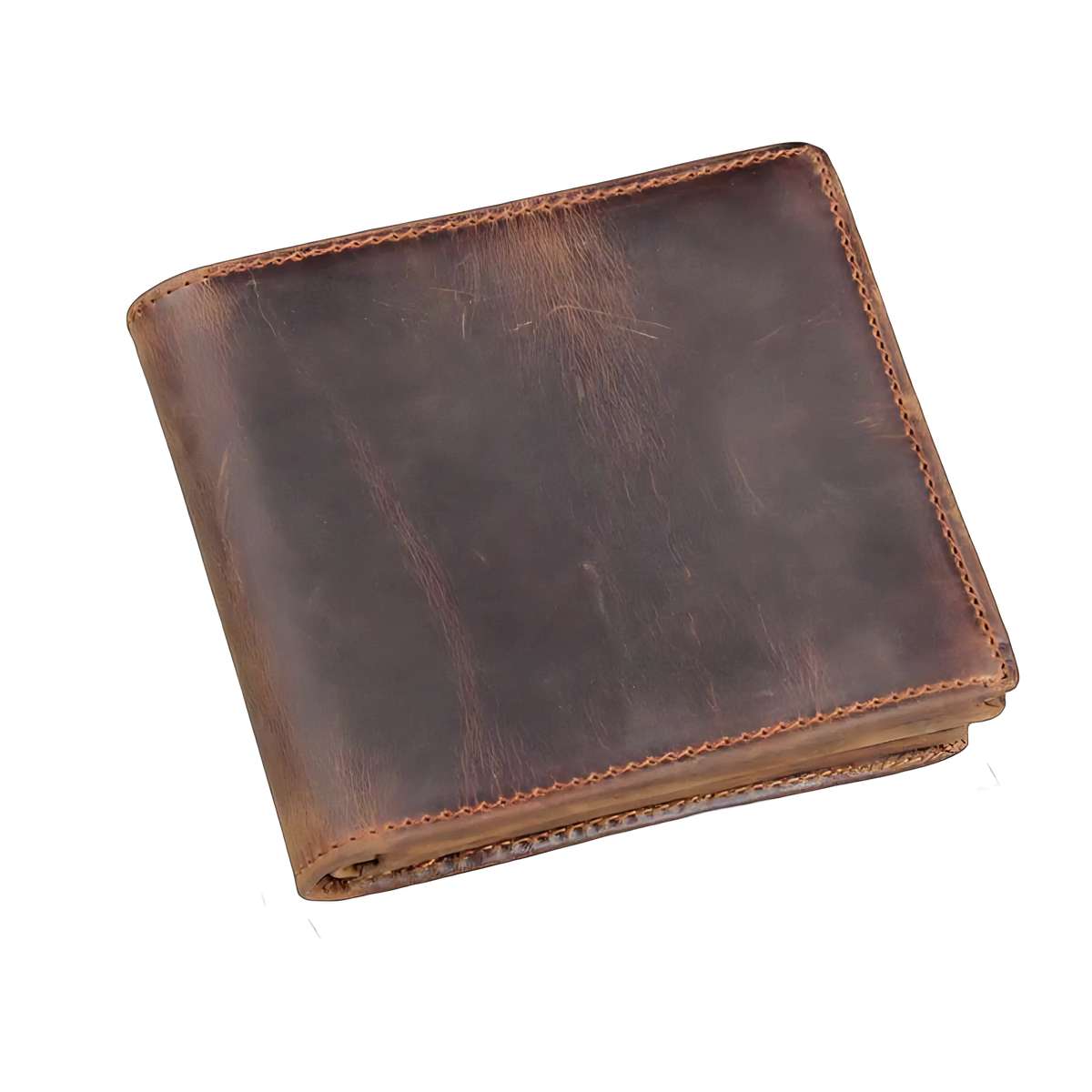 Carteira de couro marrom, medida 9,5cm x 11cm, estilo clássico, resistente.