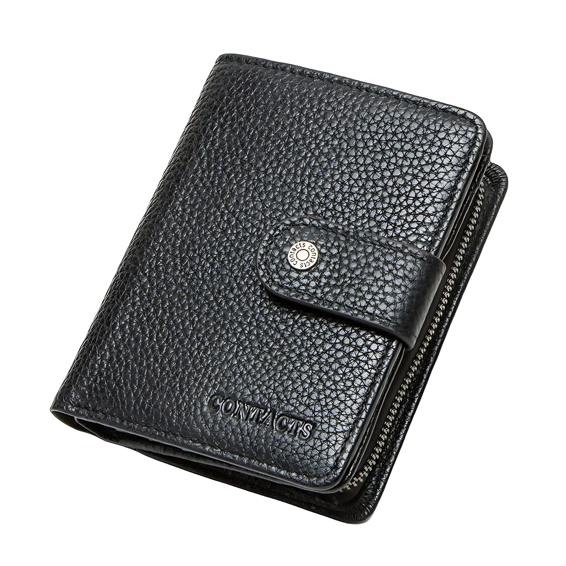 Carteira masculina preta em couro com zíper e botão, ideal para organização