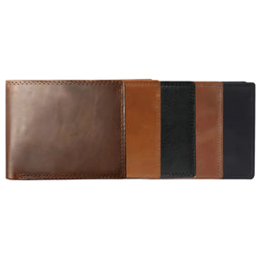 Carteiras de couro em várias cores: marrom, caramelo, preto e azul marinho.