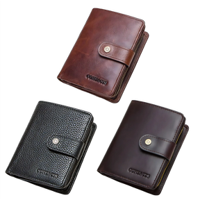 Carteiras em couro nas cores marrom e preta, estilo elegante e moderno.