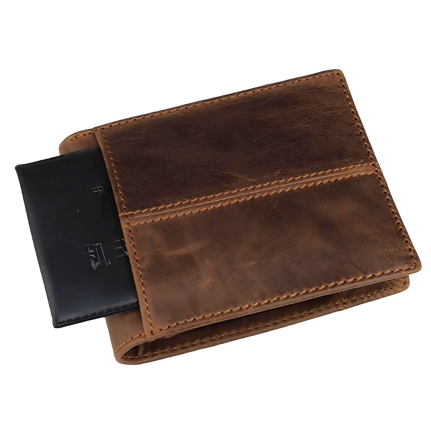 Carteira de couro marrrom com bolso para cartão preto, elegante e prática.