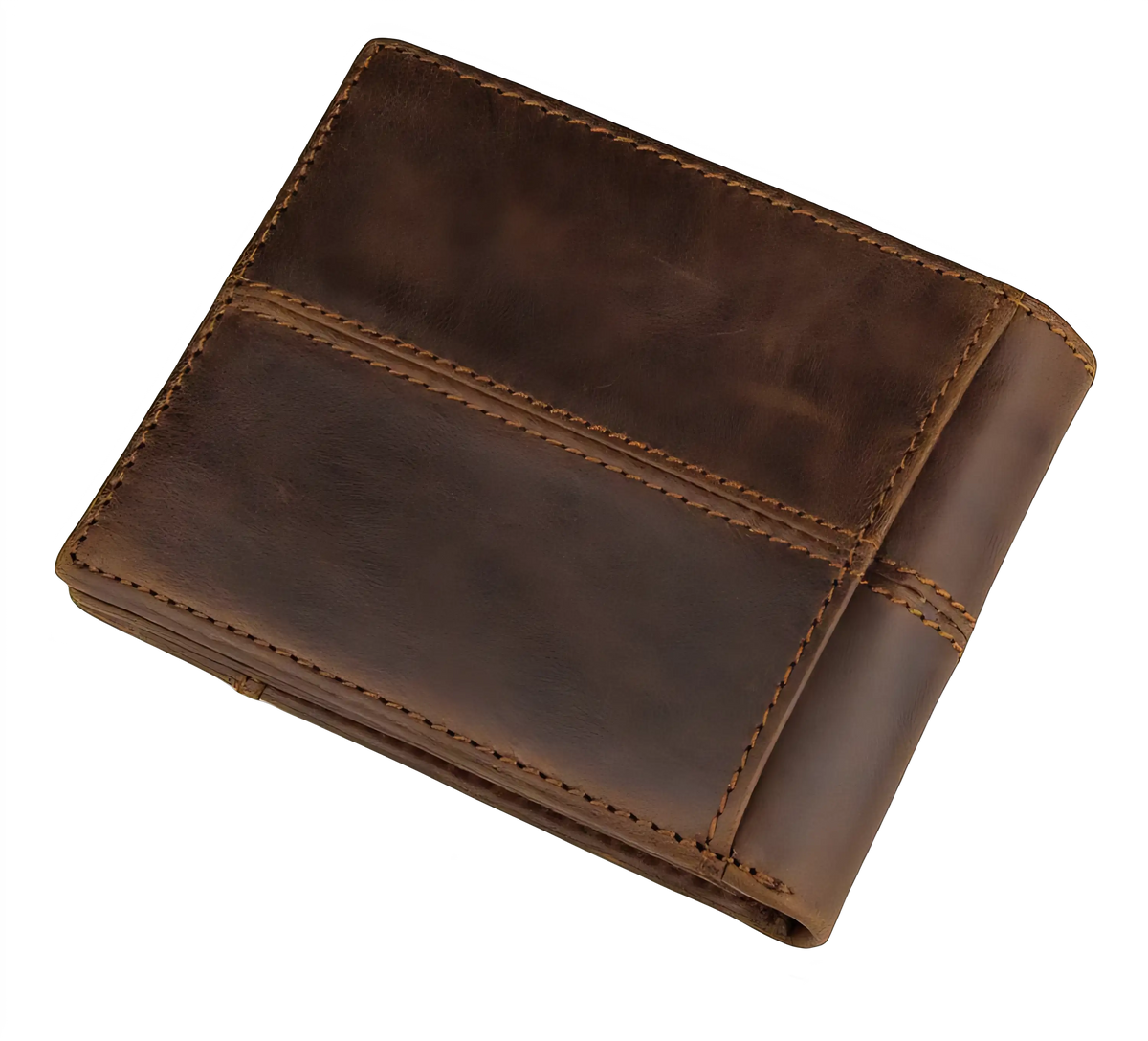Carteira de couro marrom, compacta e elegante, com medidas de 12cm por 9.5cm.