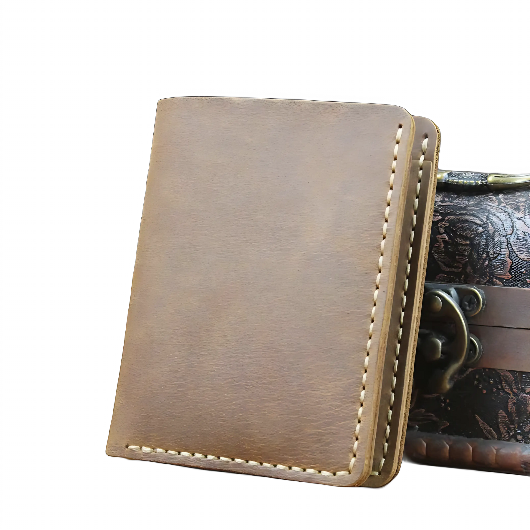 Portfólio de couro marrom claro estilo vertical, ideal para cartões e documentos.