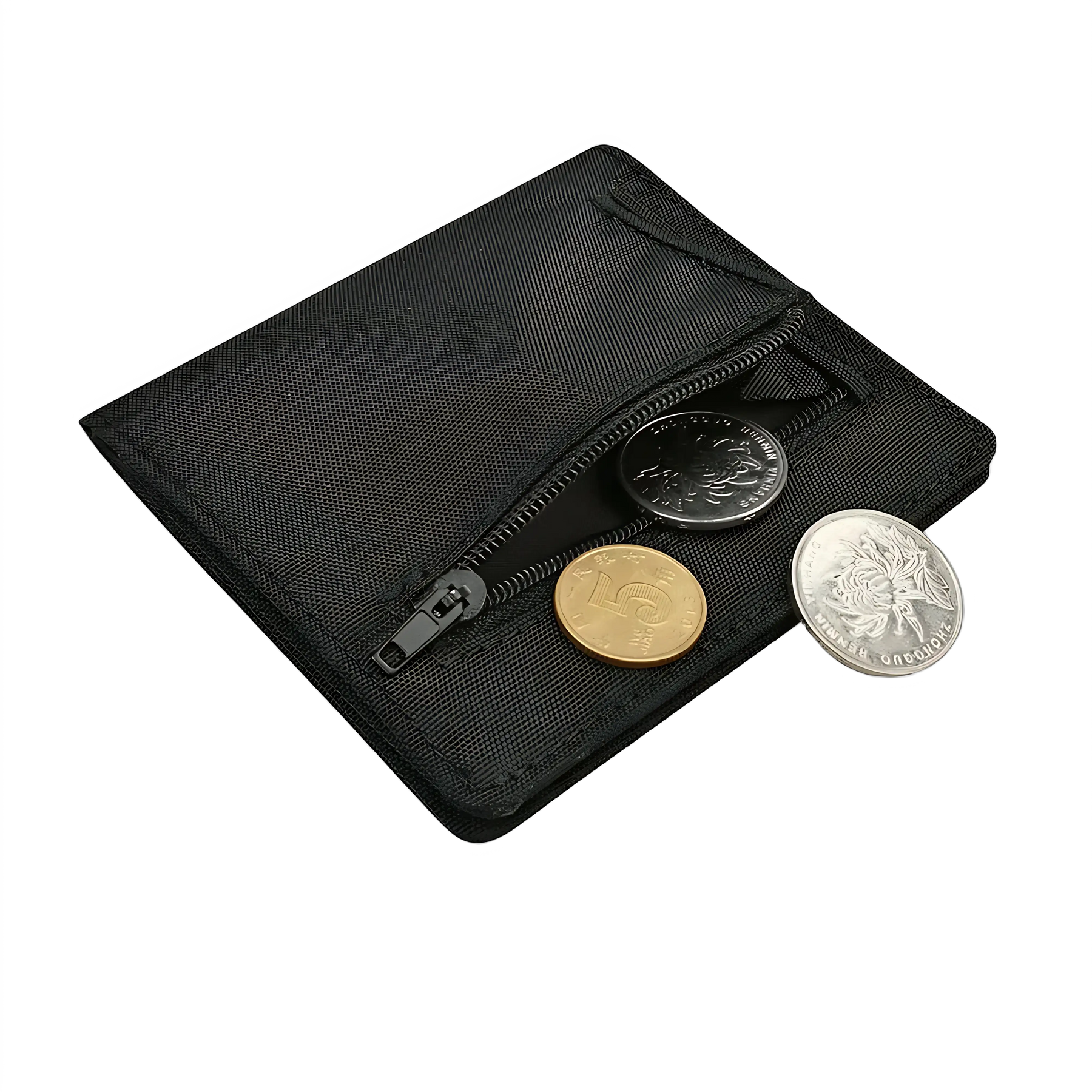 Carteira preta com zíper e compartimento para moedas, acessório prático e estiloso.