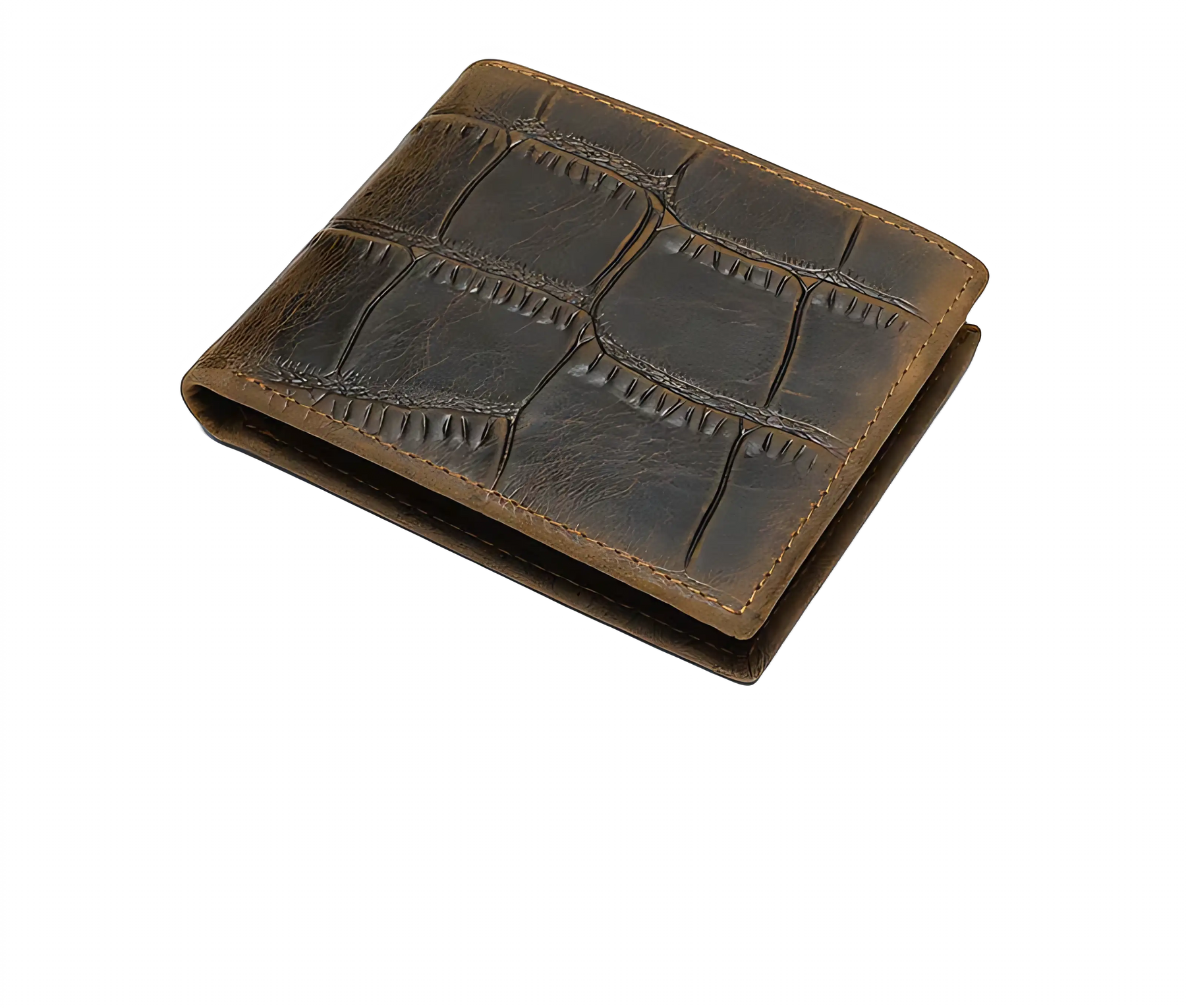 Carteira de couro marrom com textura croco, compacta e elegante para homens.