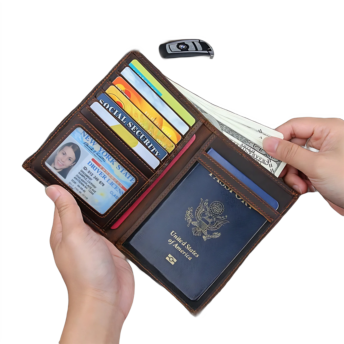 Carteira de couro com cartões, passaporte e dinheiro, ideal para viagens.