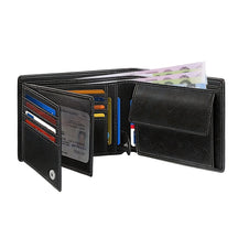 Porta-cartões preto em couro com vários compartimentos para cartões e dinheiro.