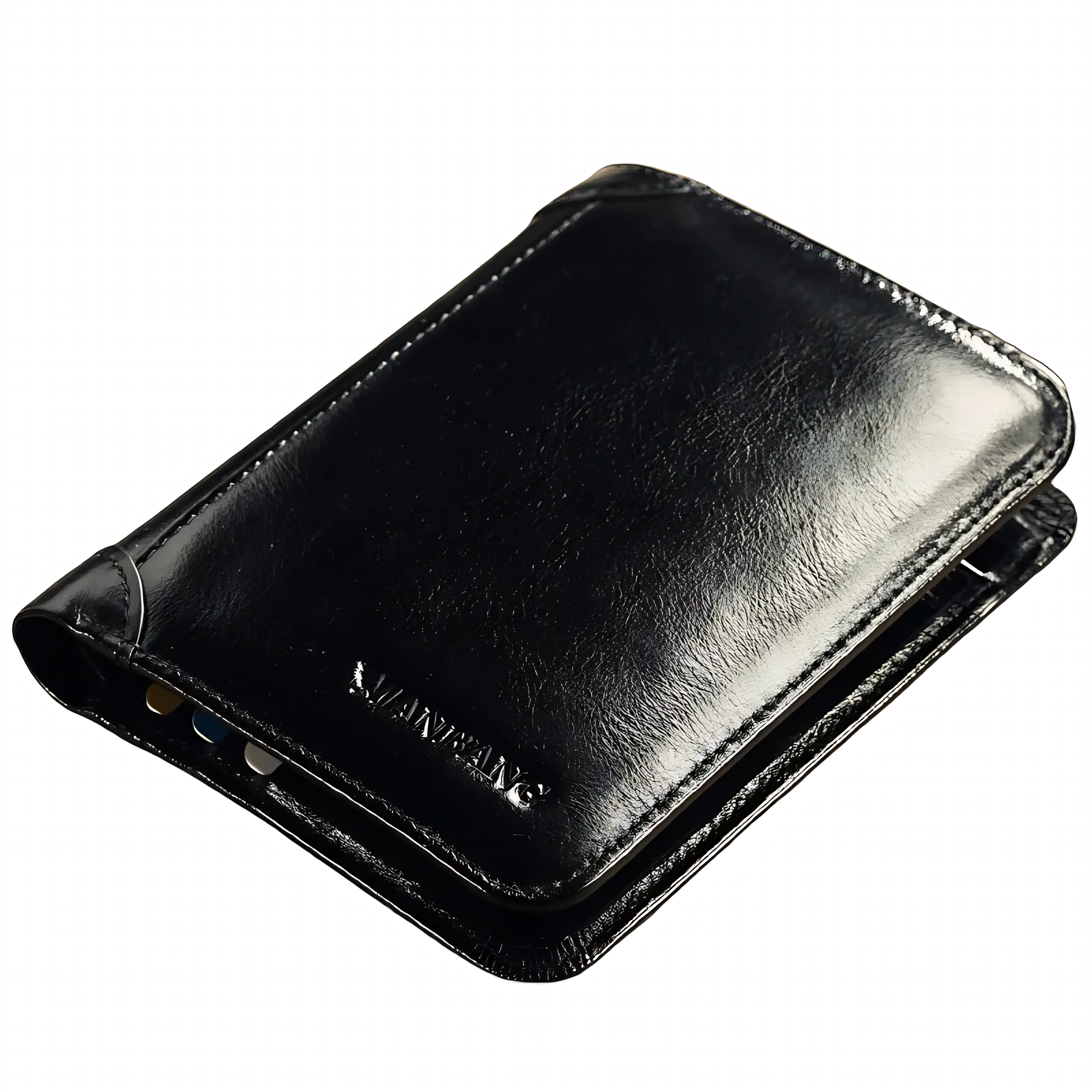 Carteira de couro preto elegante, ideal para cartões e dinheiro, sobre mesa de madeira.