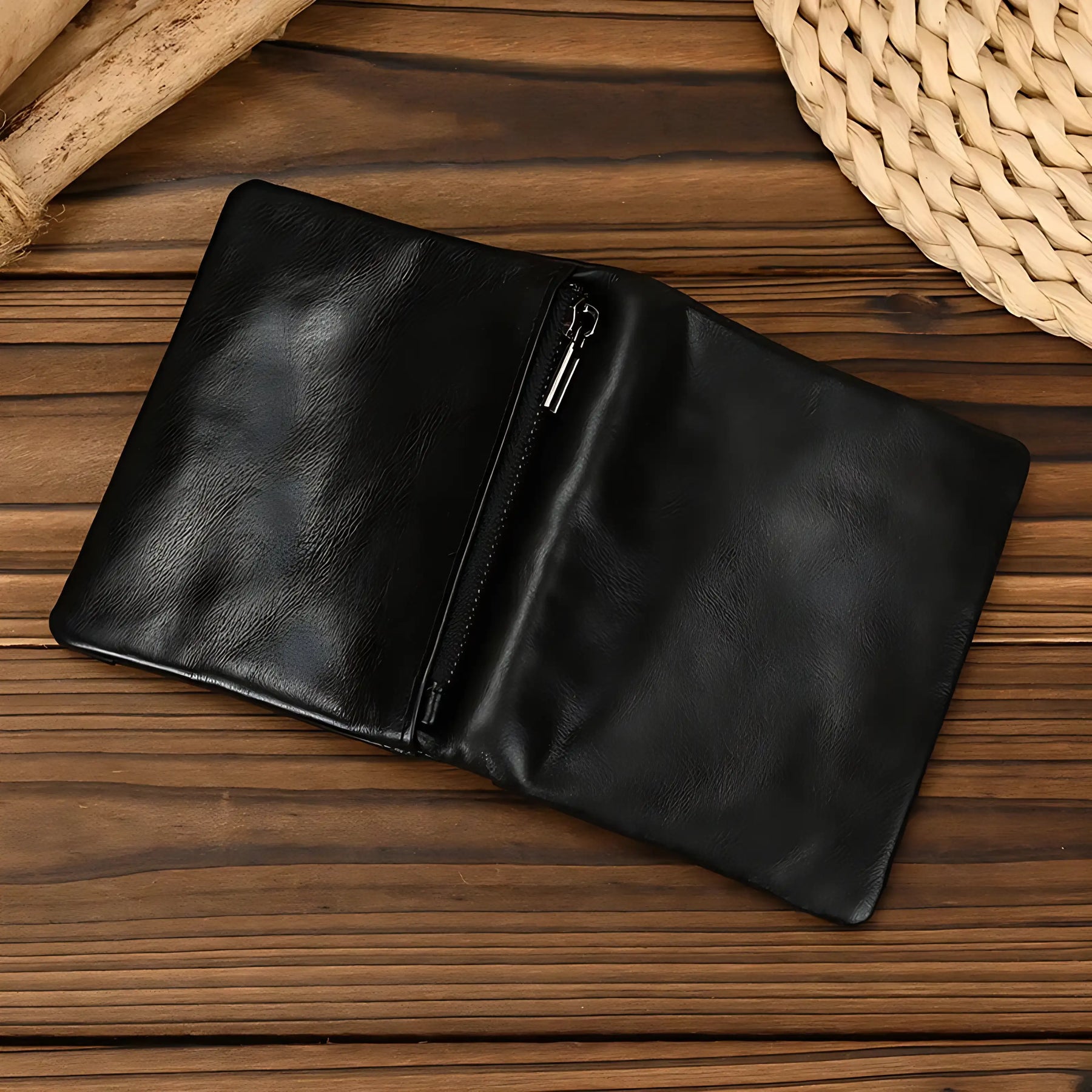 Carteira masculina de couro preto com zíper, ideal para acessórios.