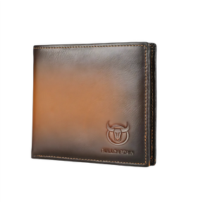 Carteira de couro Bullcaptain, estilo masculino, tamanho compacto, marrom e preto.