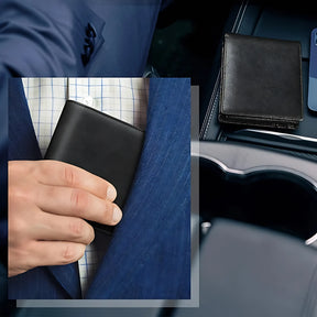 Carteira de couro preta masculina, ideal para uso elegante e prático no dia a dia.