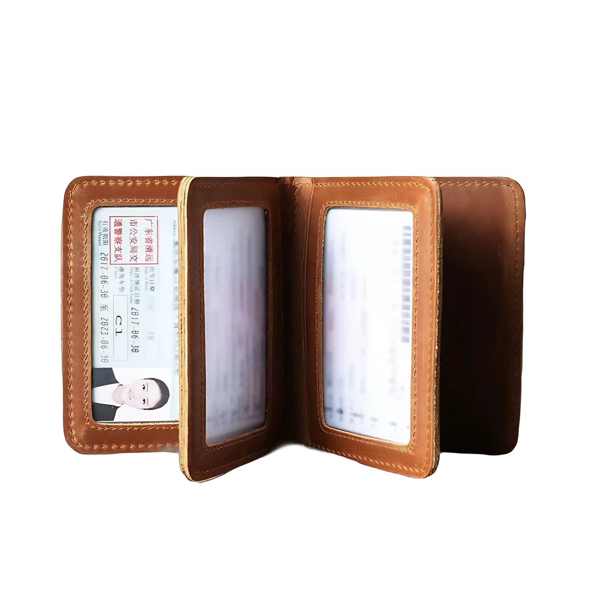 Carteira de couro com compartimentos para documentos e id, estilo elegante.