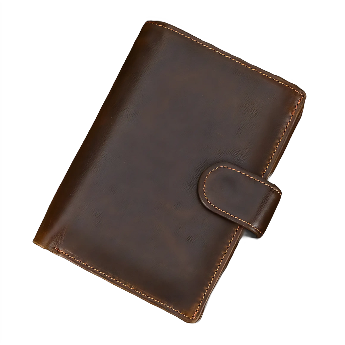 Carteira de couro marrom com fecho, ideal para organização e estilo masculino.