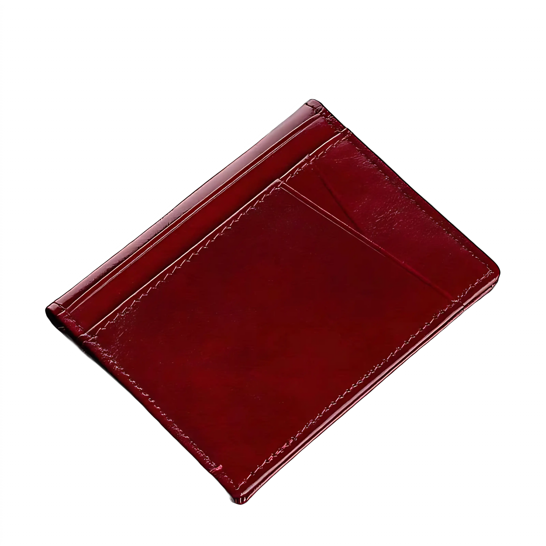 Carteira de couro vermelho vinho com acabamento em cera, elegante e funcional.