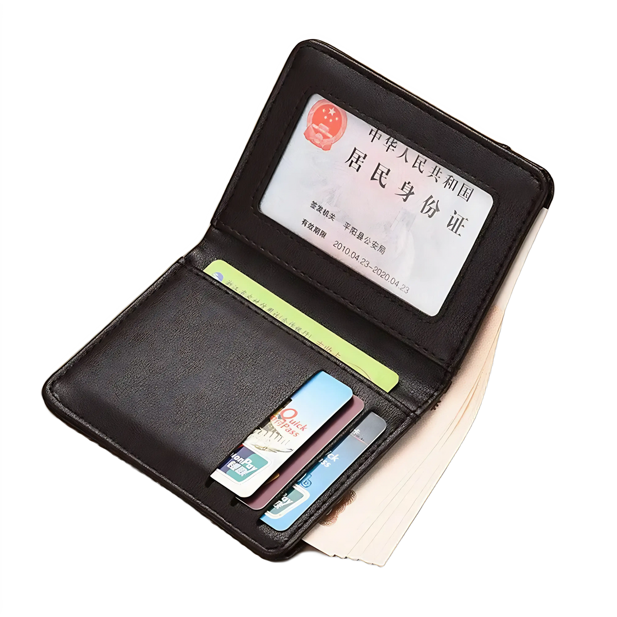 Carteira de couro preta com compartimentos para cartões e documentos.