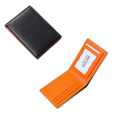 Carteira de couro preto com interior laranja e proteção RFID.