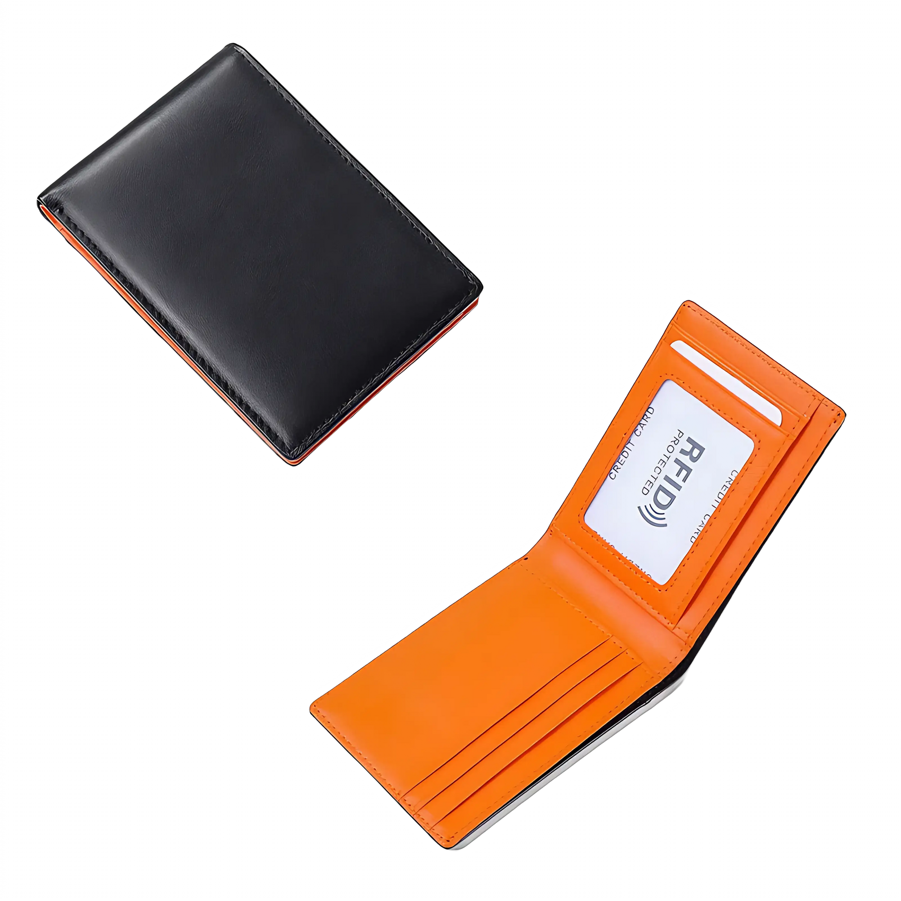 Carteira de couro preto com interior laranja e proteção RFID.