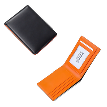 Carteira de couro preto com interior laranja e proteção RFID.