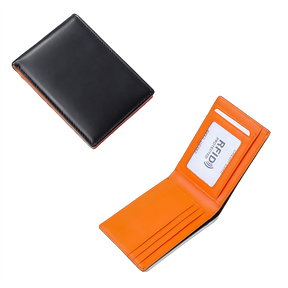 Carteira de couro preto com interior laranja e proteção RFID.