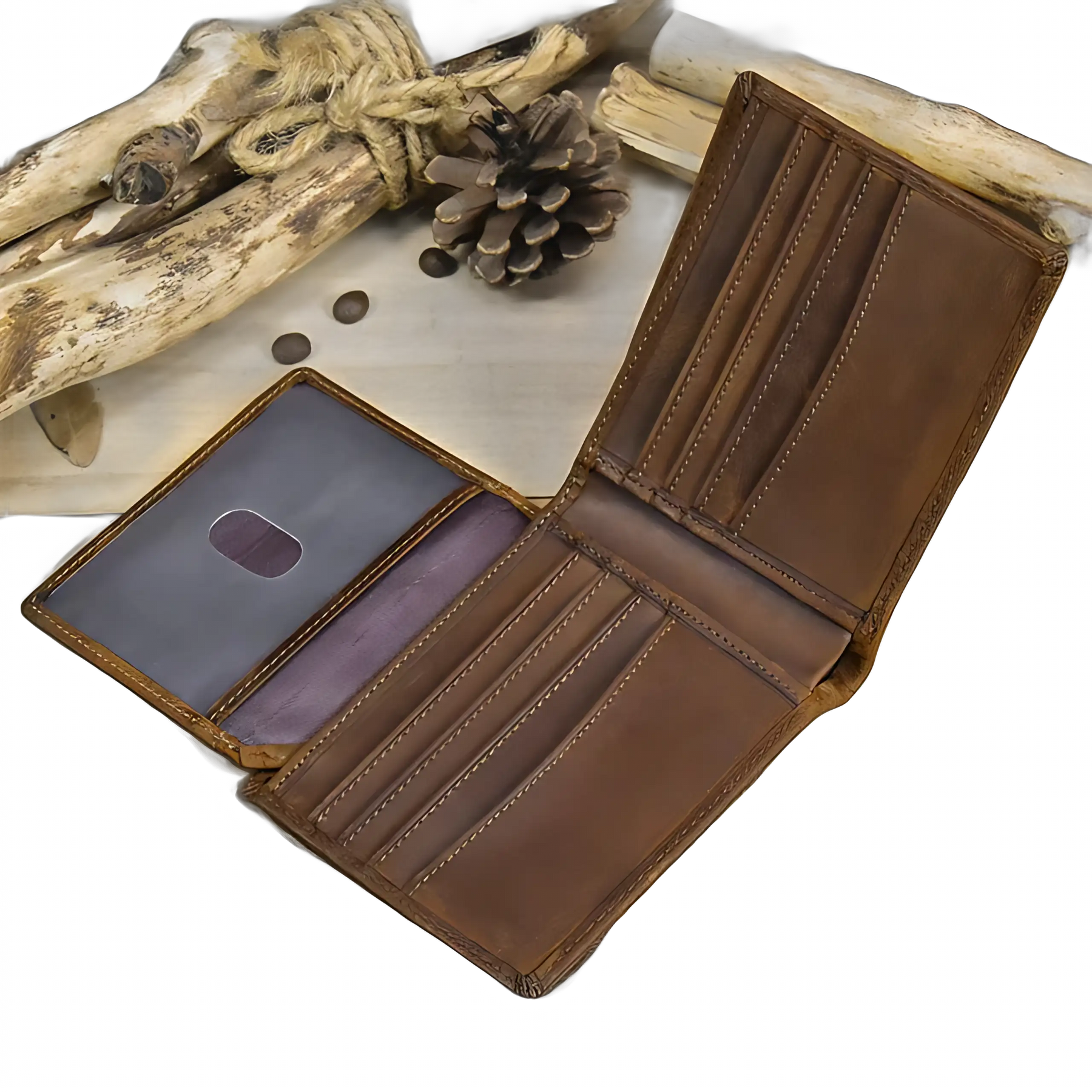 Carteira masculina de couro marrom, detalhes em costura, espaço para cartões e cédulas.
