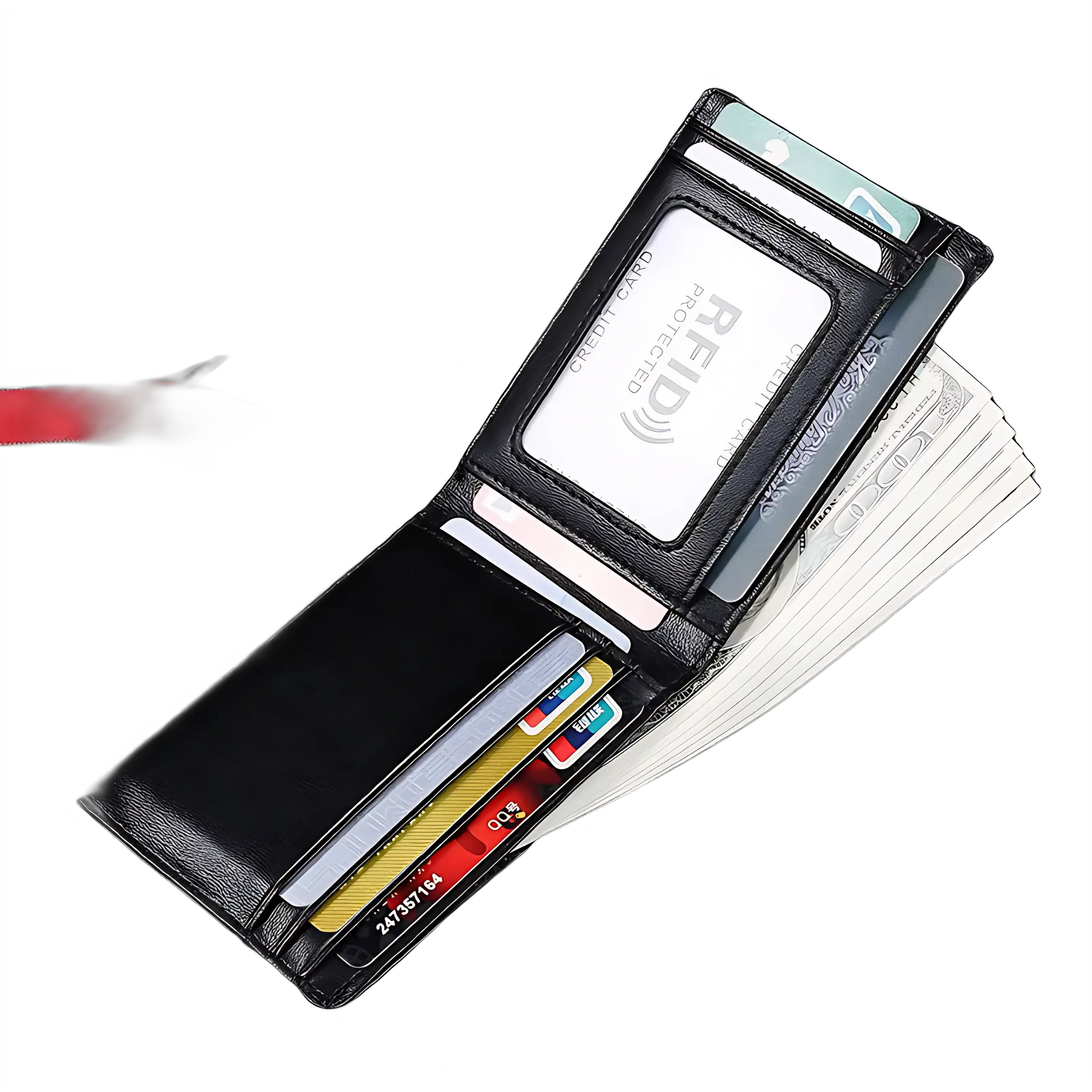 Carteira de couro preta com proteção RFID e compartimentos para cartões.