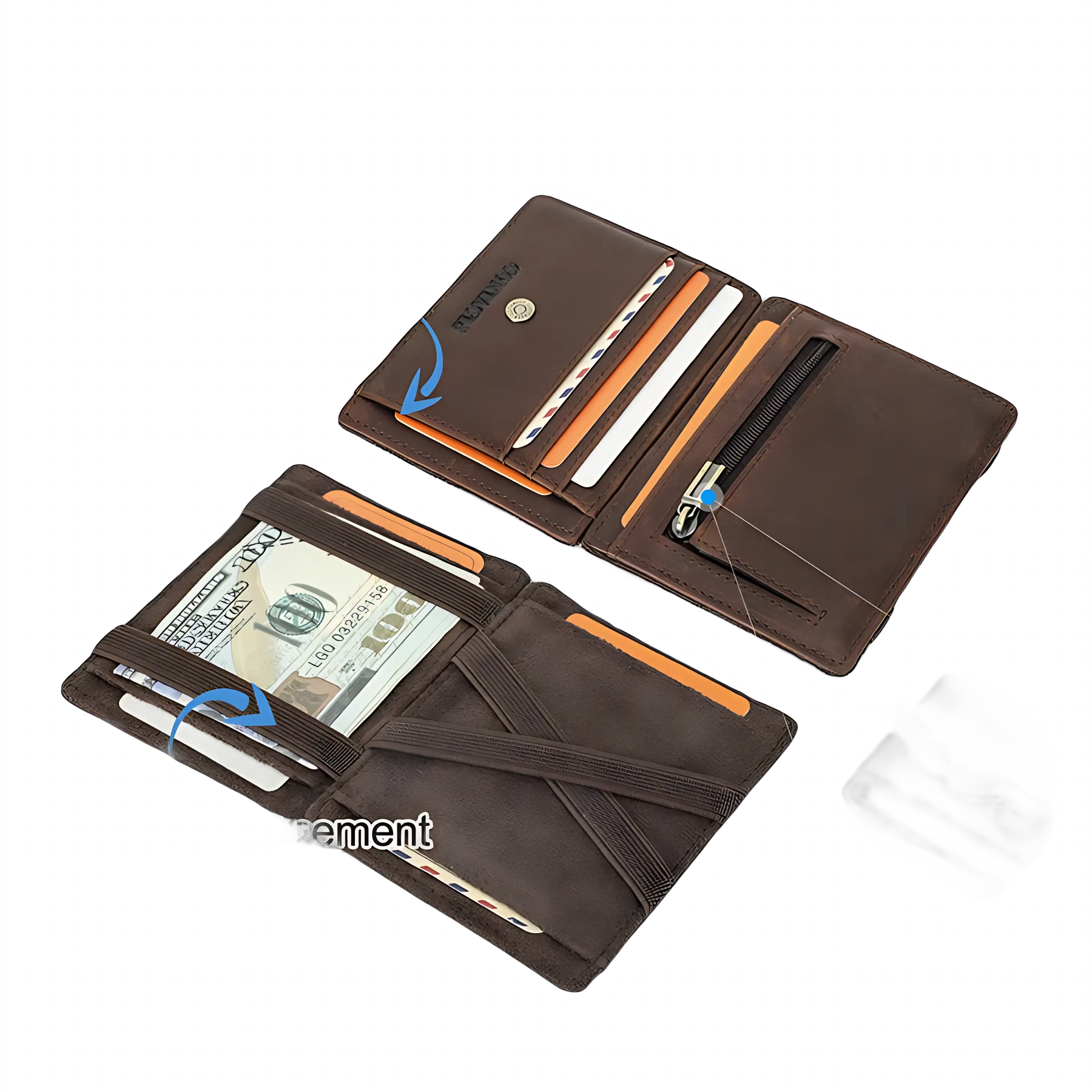 Carteira masculina de couro com 9 slots para cartões e zíper para moedas.