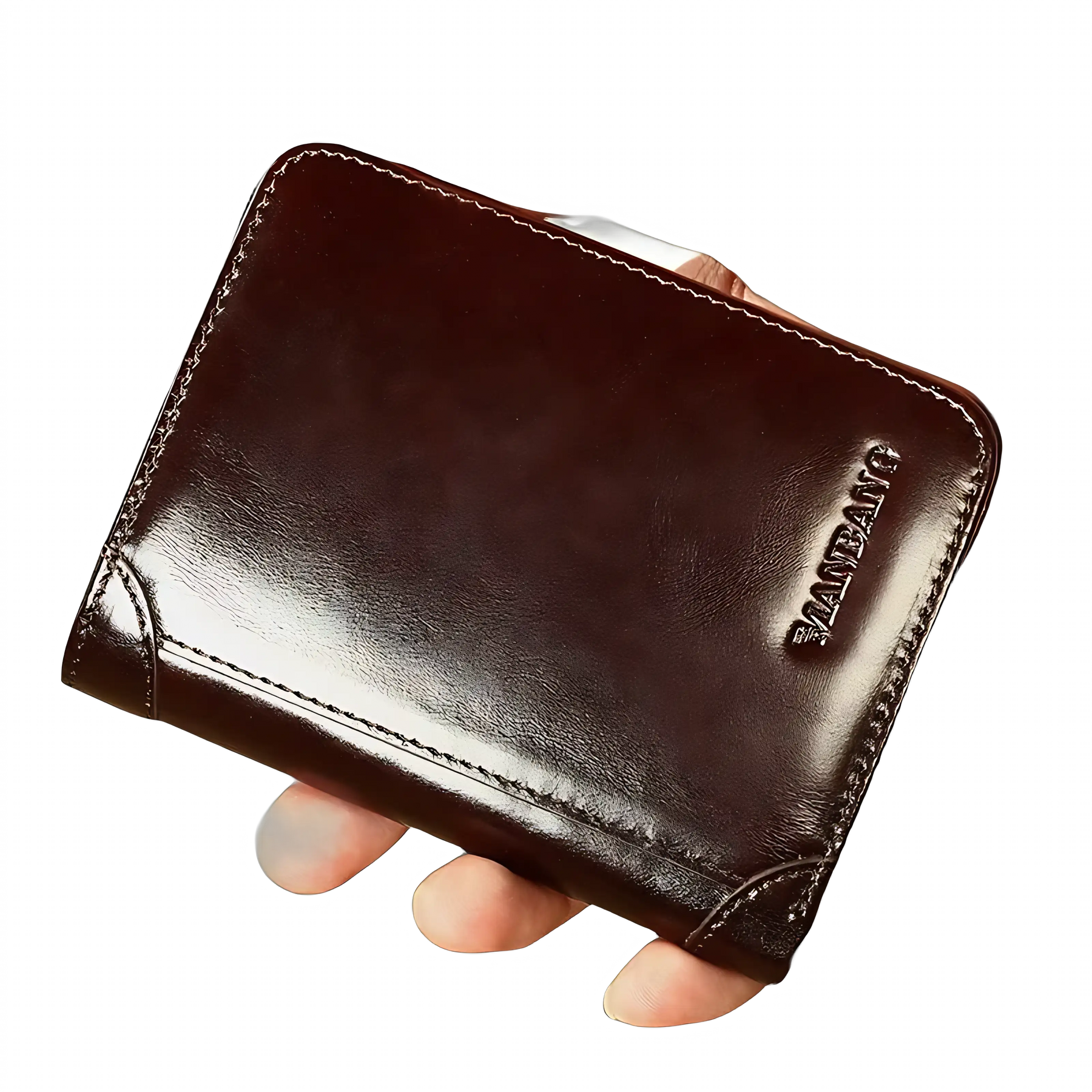 Carteira de couro marrom, elegante, prática e com logo da marca MANBANG.