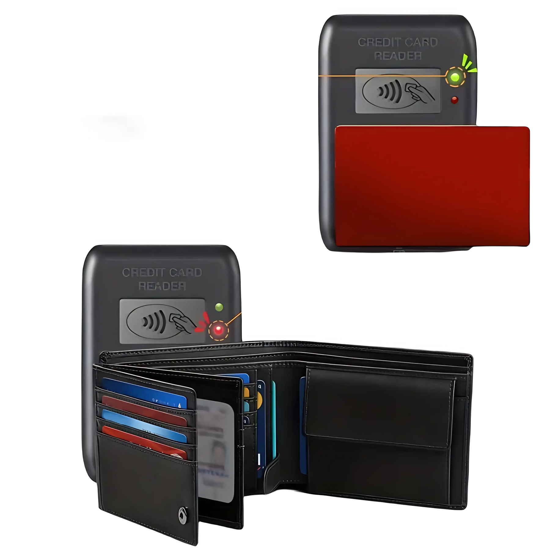 Leitor de cartão RFID com luzes indicadoras, funcionalidade e carteira em preto.