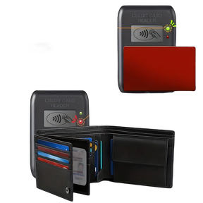 Leitor de cartão RFID com luzes indicadoras, funcionalidade e carteira em preto.