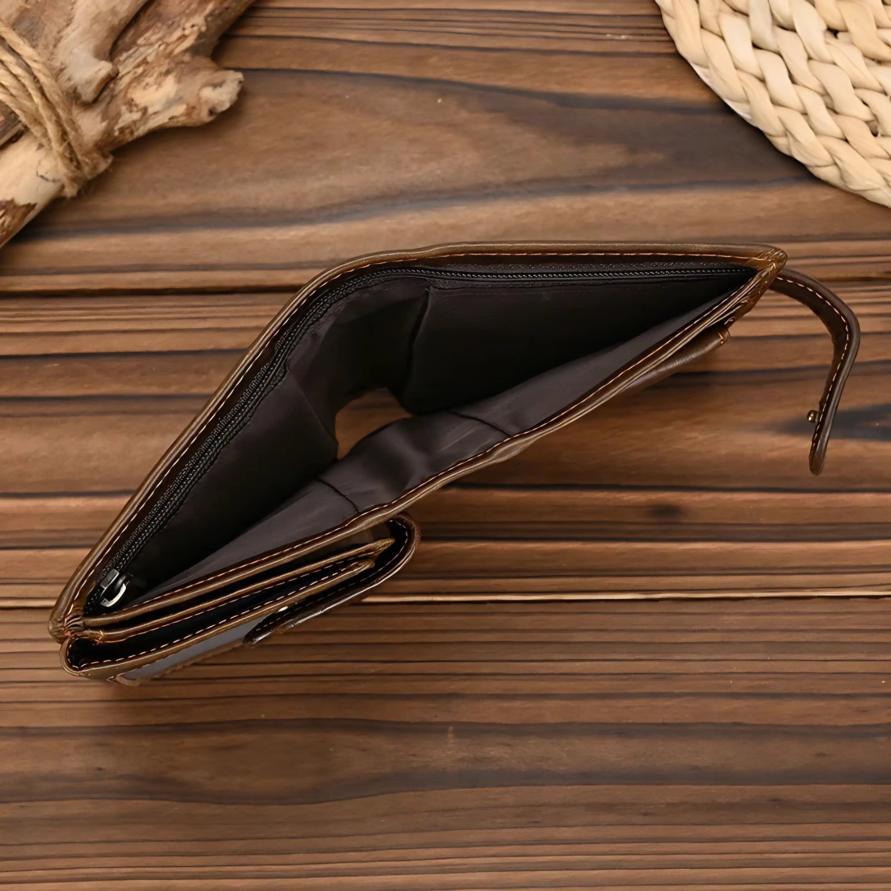 Carteira masculina marrom com compartimentos espaçosos e design elegante.