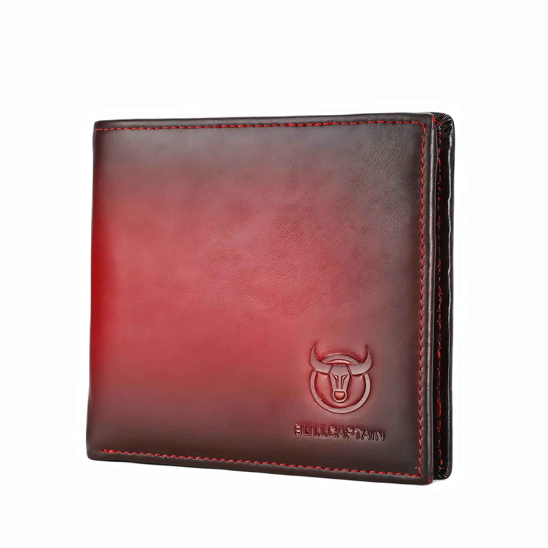 Carteira de couro masculina, marrom com detalhes em vermelho e logotipo Bullcaptain.